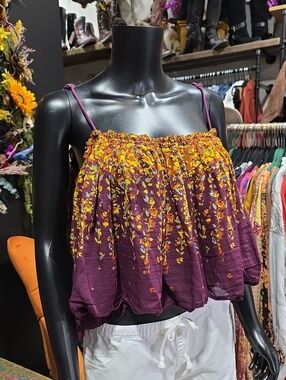 Free People Purple Floral Smocked Crop Camisole with Yellow Print